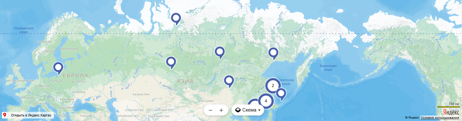Карта России с регионами реализованных проектов «ЭкоРыбВод»